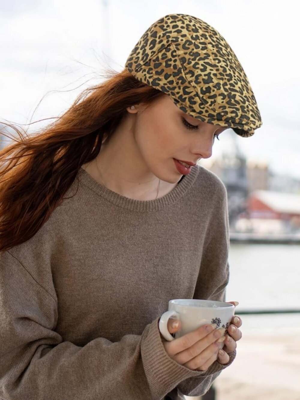 Women's Leopard Print Beret Hat Retro Newsboy Ivy Cap Cabbie Flat Cap Khaki